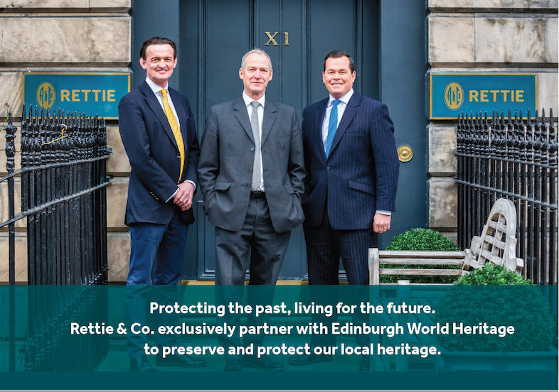 James Whitson, Simon Rettie and Max Mills on the doorstep of the Rettie office on Wemysss Place