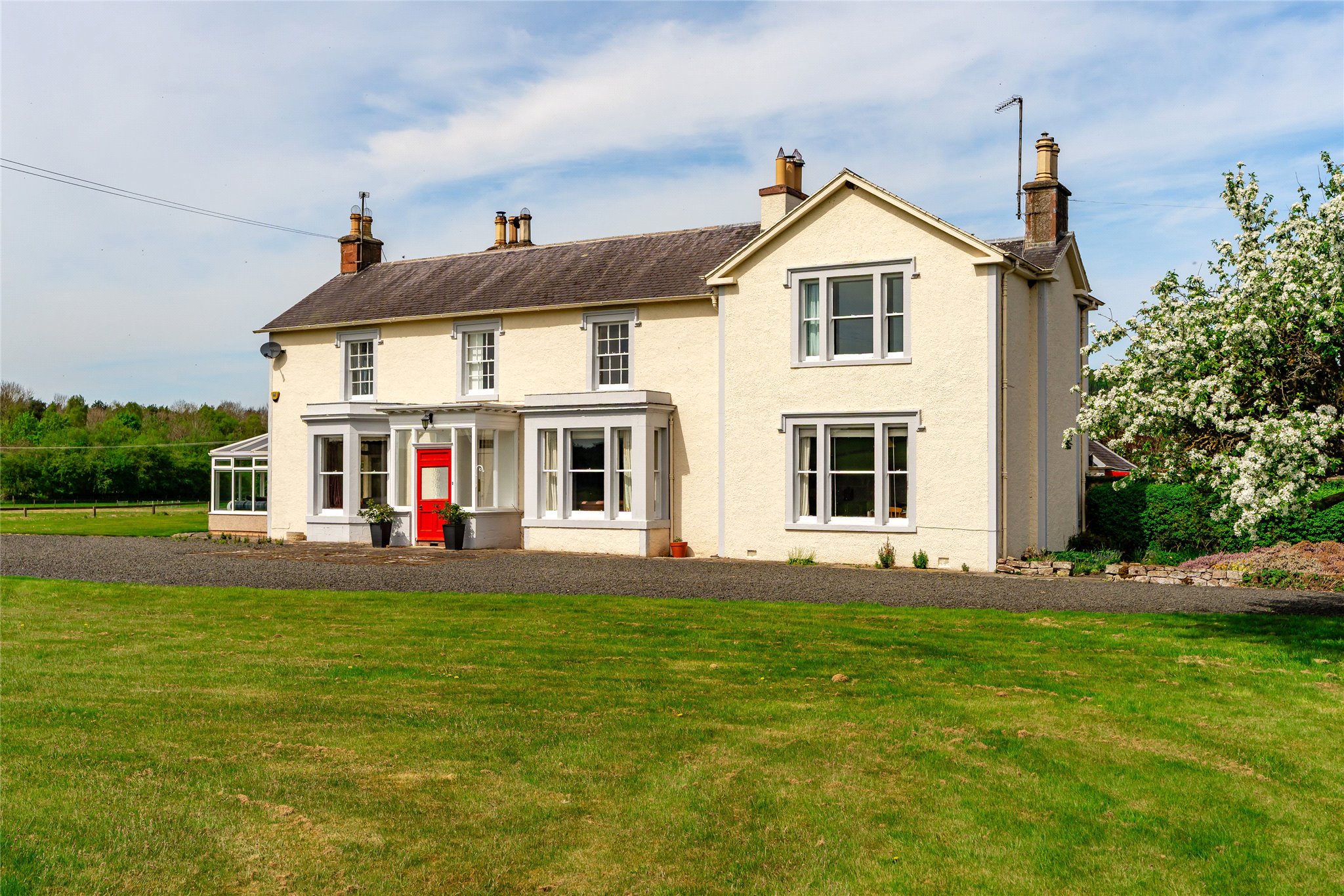 7 bed equestrian Georgian farmhouse smallholding for sale with outbuildings and paddocks in Jedburgh, Scottish Borders, TD8 6TJ